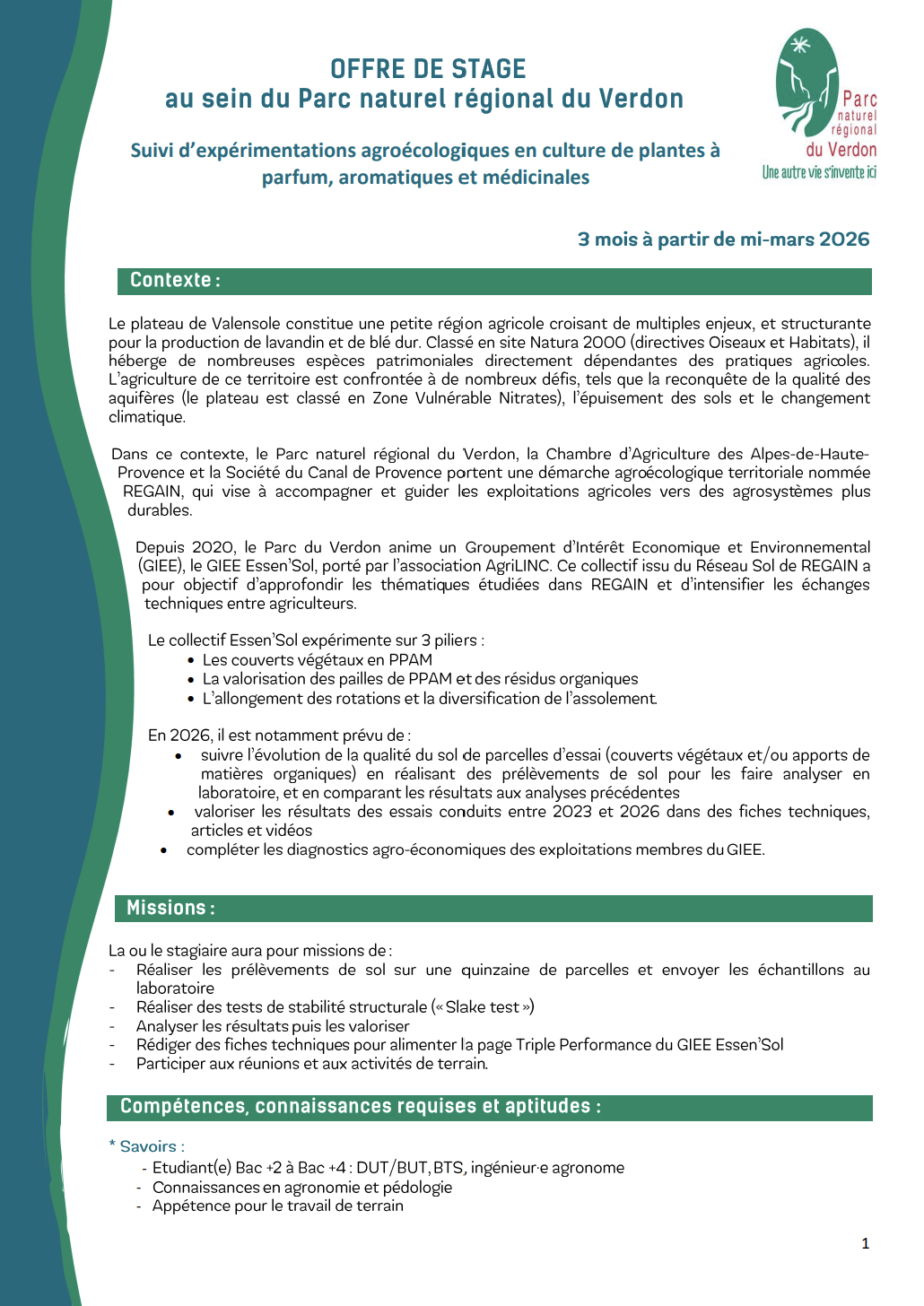 OFFRE DE STAGE au sein du Parc naturel régional du Verdon page 1