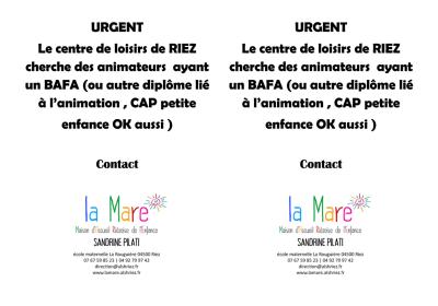 URGENT recherche animateurs pour le centre de loisirs