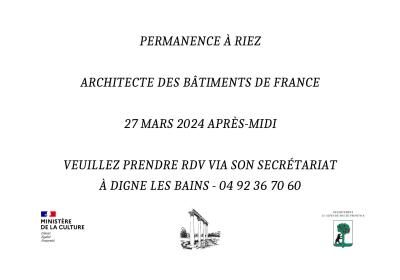 Permanence architecte des bâtiments de France le 27 mars après-midi